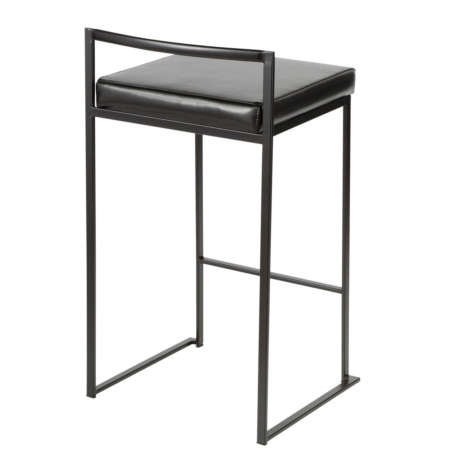 The Fuji Contemporary Style Stackable Counter Stool features a minimalist black metal frame, a rectangular padded seat, and an open low seatback with clean lines for a modern look.