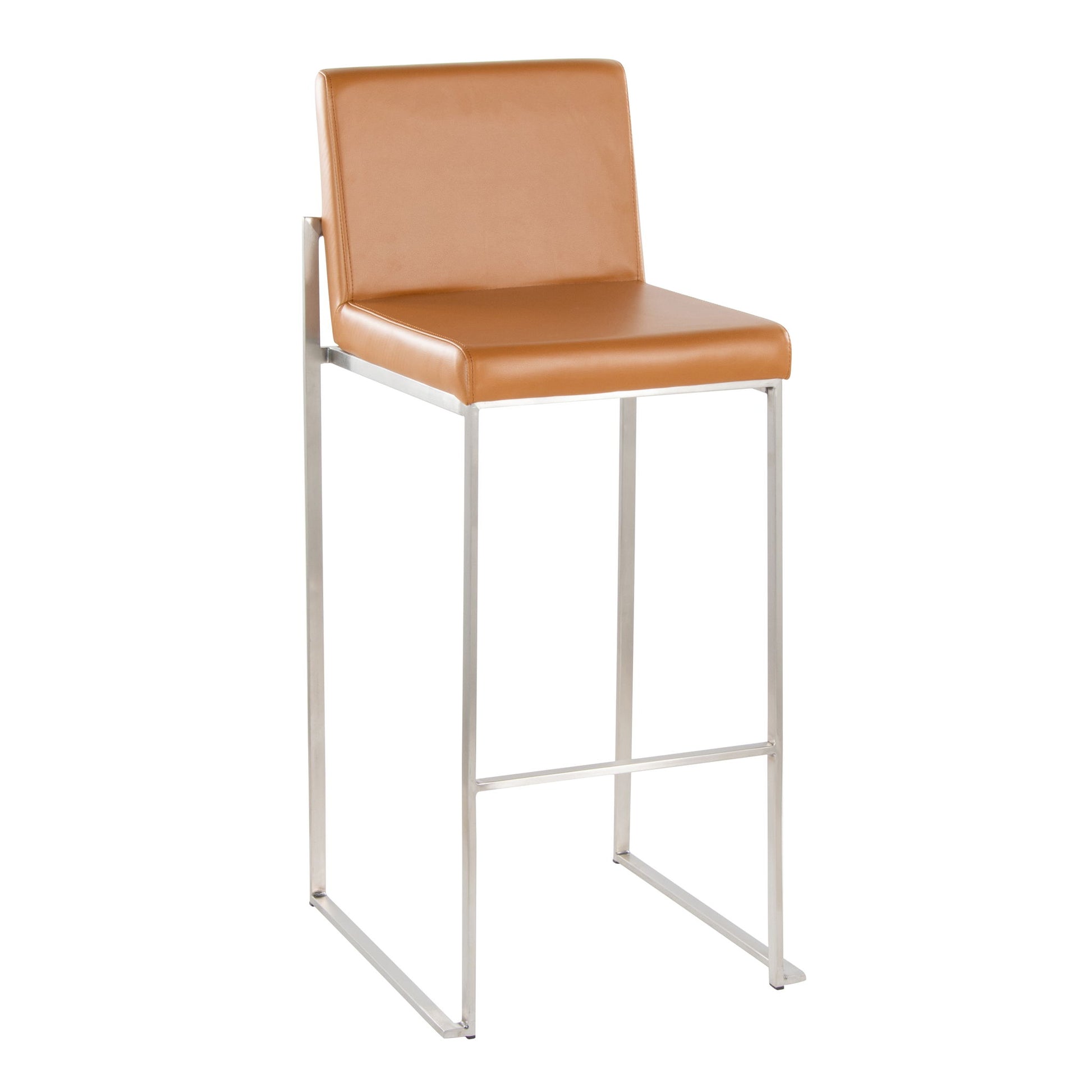 The Fuji - Contemporary And Modern Elegance High Back Barstool features a light brown leather seat and backrest, complemented by a sleek metal frame with footrest for modern style.