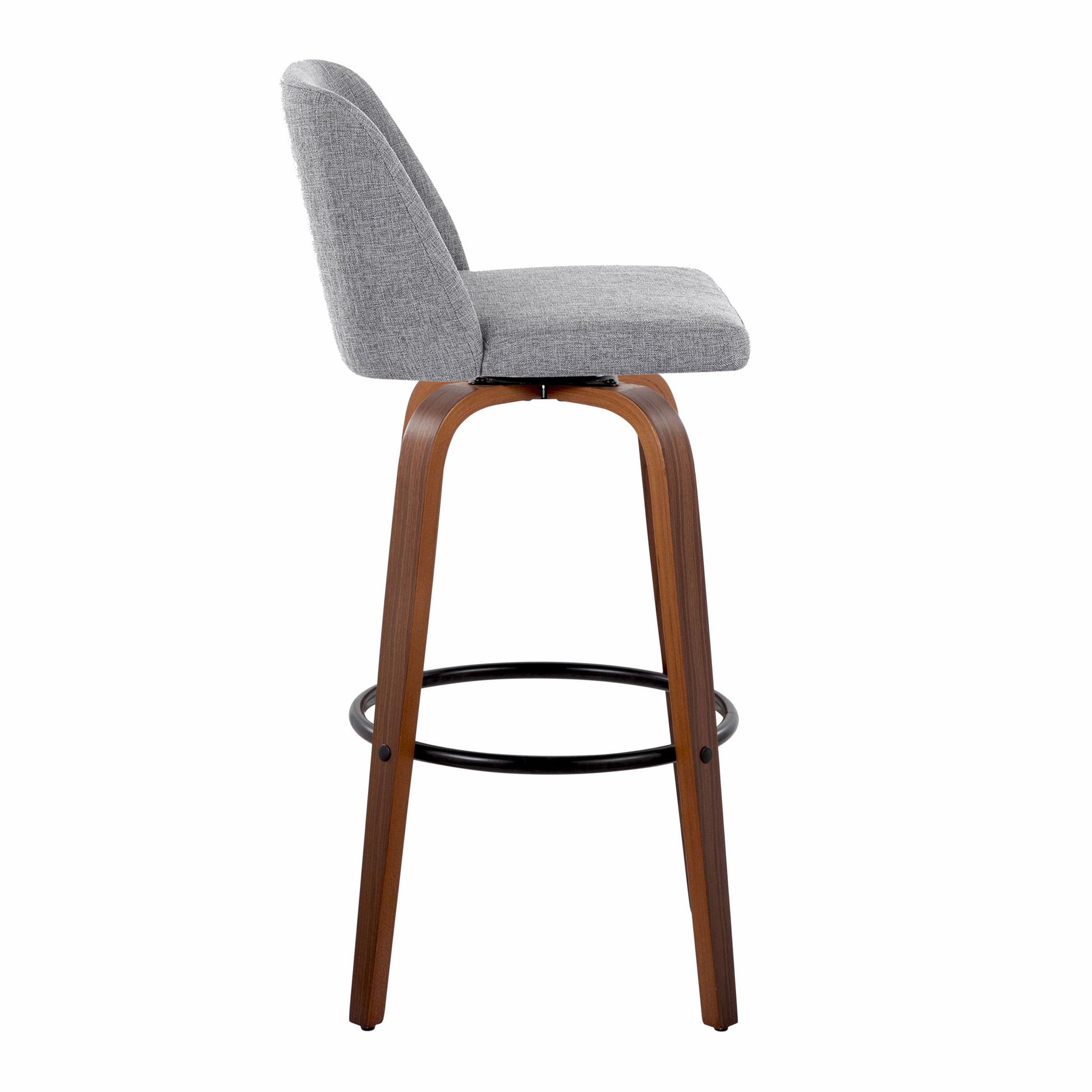 The Toriano Mid Century Modern Fixed Height Barstool set features a curved wooden frame, round metal footrest, and cushioned seat and backrest in light gray fabric, shown in profile view. Set of 2 swivel stools.