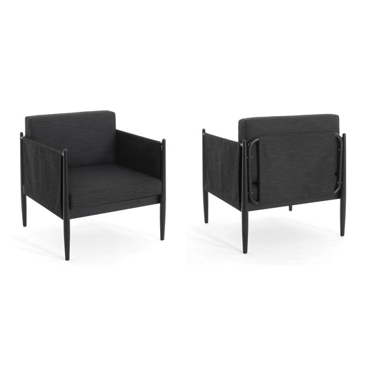 The Dawson Club Chair is shown from front-left and back-right angles with a boxy padded seat, backrest, and armrests. It features slim tapered legs, a minimalist frame, and dark fabric upholstery for a modern look.