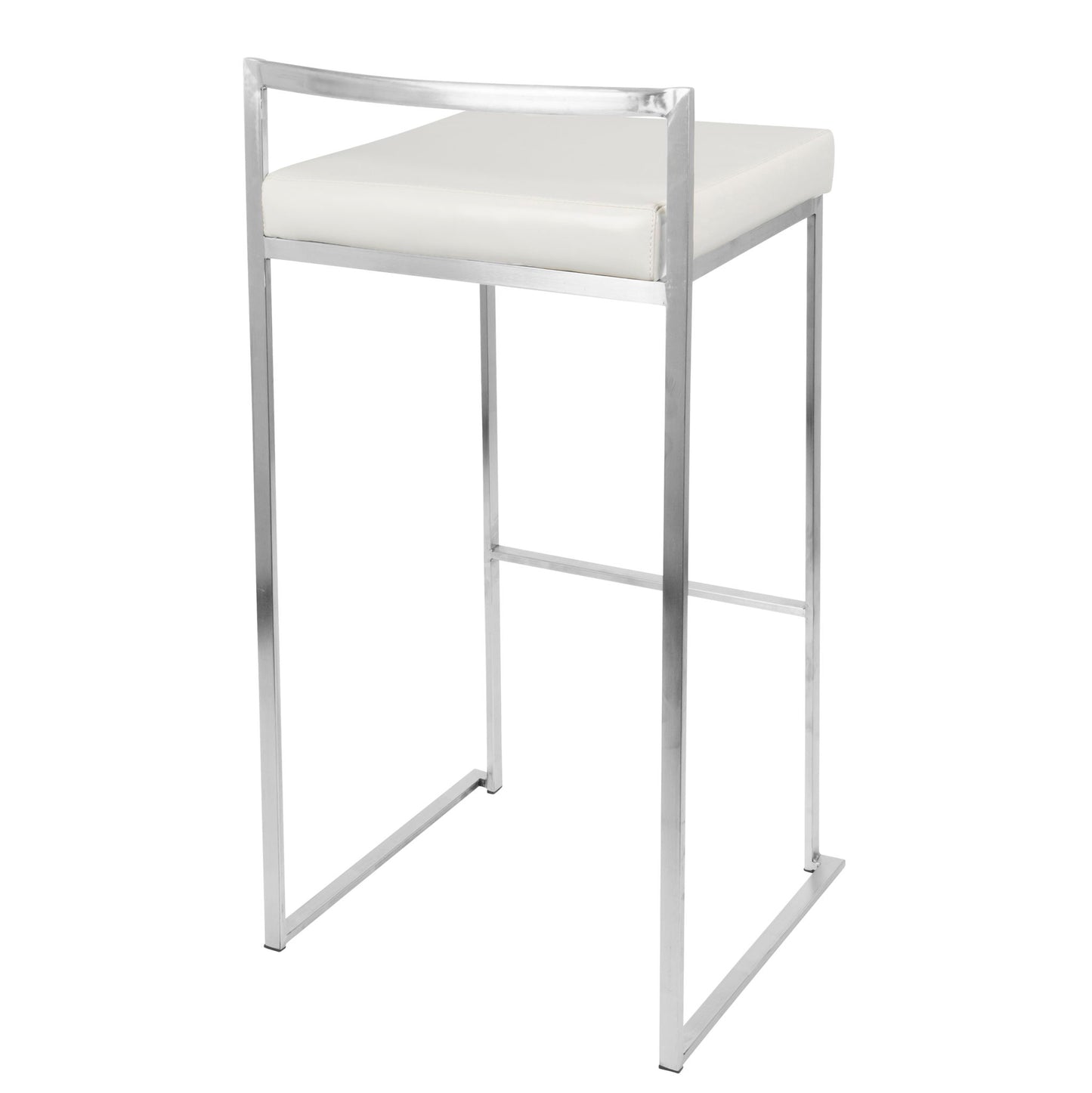 The Fuji Stackable Barstool features a contemporary and elegant design with a shiny metal frame, white cushioned seat, straight minimalist lines, and an open back.