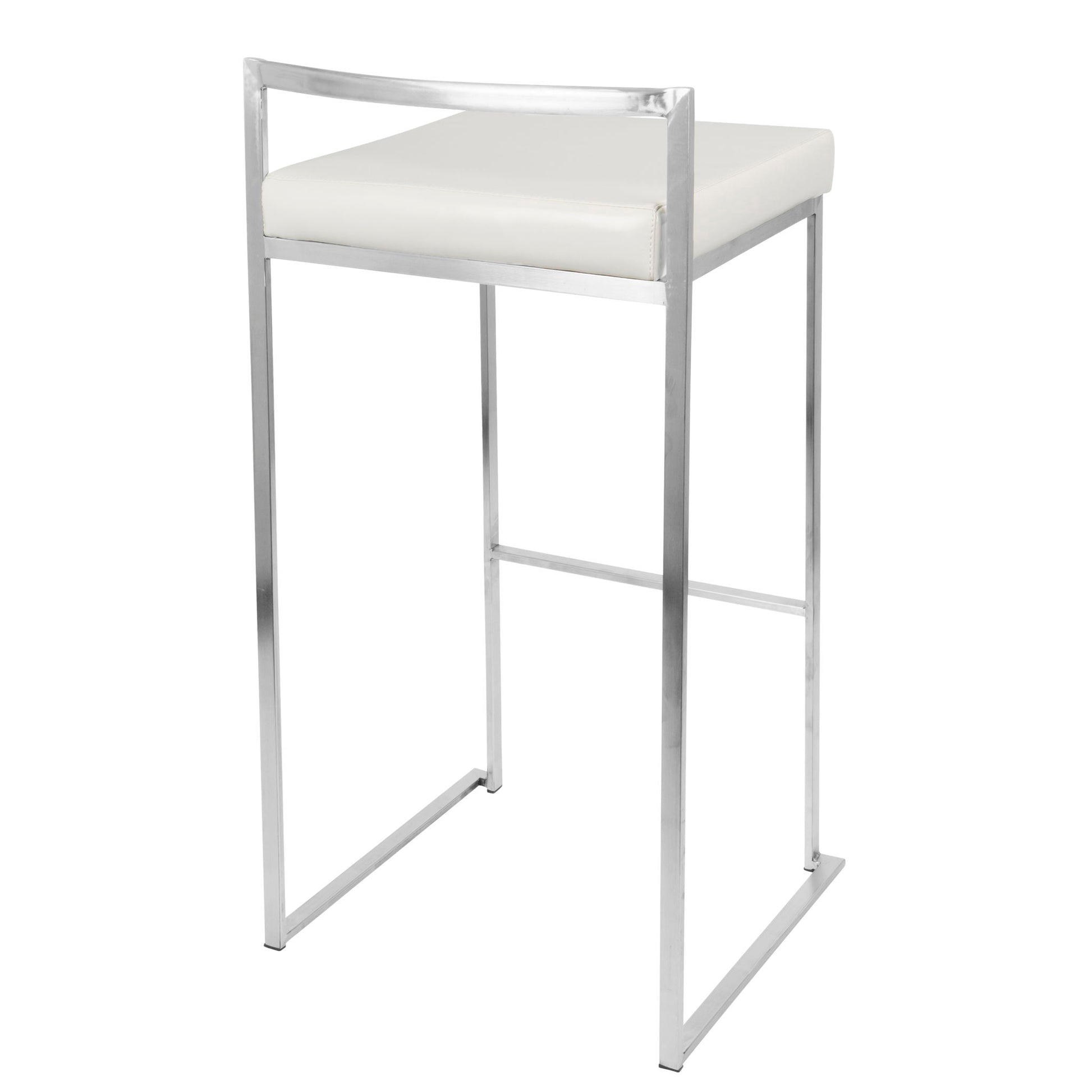 The Fuji Stackable Barstool features a contemporary and elegant design with a shiny metal frame, white cushioned seat, straight minimalist lines, and an open back.