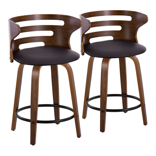 Set of 2 Cosini Mid-Century Modern counter stools with swivel, round brown padded seats, curved open-backrests, walnut-finished wood frames, four legs, and black round footrests.
