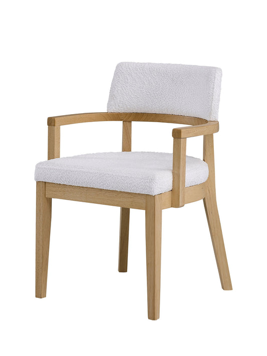 The Kasem - Gorge Fabric Side Chair (Set of 2) features a modern light wood frame, white cushioned seat and backrest, and open rectangular armrests.