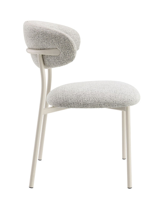 The Kalam - Fabric Side Chair (Set of 2) in light gray features a curved, upholstered backrest and seat with slender white metal legs and frame, shown against a white background.