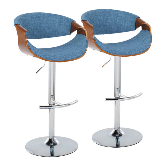 The Curvo Mid Century Modern Adjustable Barstool Set of 2 features curved wooden backs, blue upholstered seats, chrome swivel bases with rounded T footrests, shown side by side against a white background.