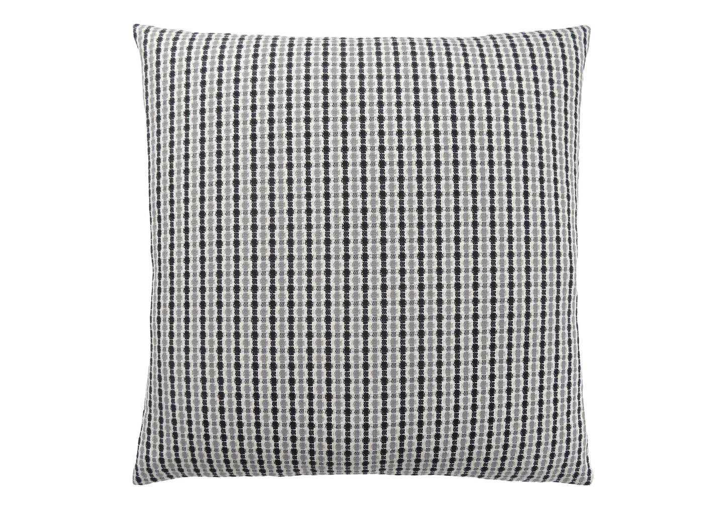 Decorative square pillow with hypoallergenic insert, featuring a soft, plush feel and a black and white textured woven cover with geometric dots and lines in a grid pattern.