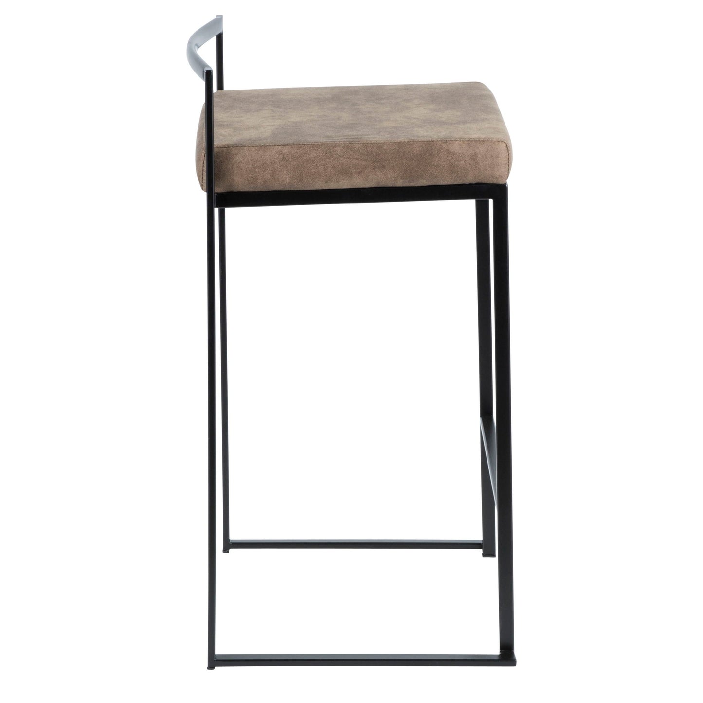 The Fuji - Contemporary Style Stackable Counter Stool features a slim black metal frame, a brown cushioned seat, minimal backrest, and built-in footrest, shown in a side view for a modern, minimalist look.