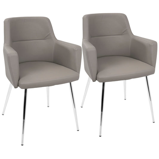 The Andrew - Contemporary Dining Chair (Set of 2) features light gray upholstered seats and backs, slim armrests, and four shiny metal legs, shown side by side on a white background.