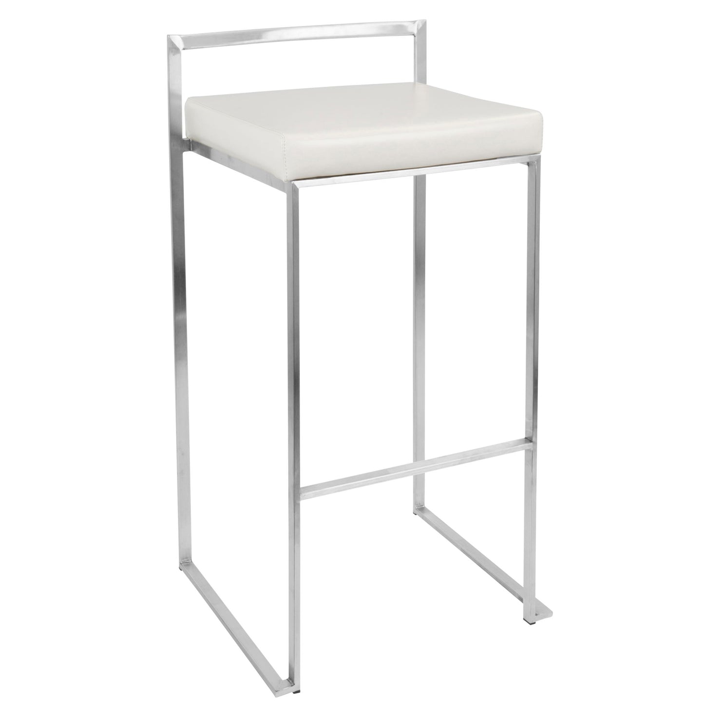 The Fuji Stackable Barstool features a contemporary, elegant design with a sleek metal frame, low rectangular backrest, white cushioned seat, straight lines, and footrest—perfect for modern minimalist spaces.