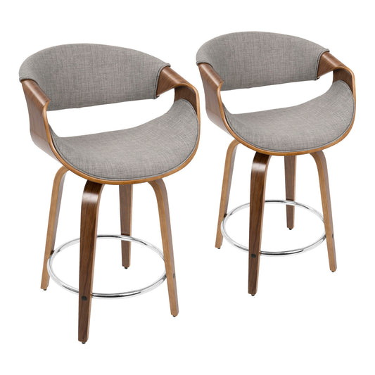 The Curvini Mid-Century Modern Counter Stools (Set of 2) feature fixed height, swivel seats in gray upholstery, curved wooden frames, metal footrests, and four sturdy wooden legs each for a contemporary and stylish look.