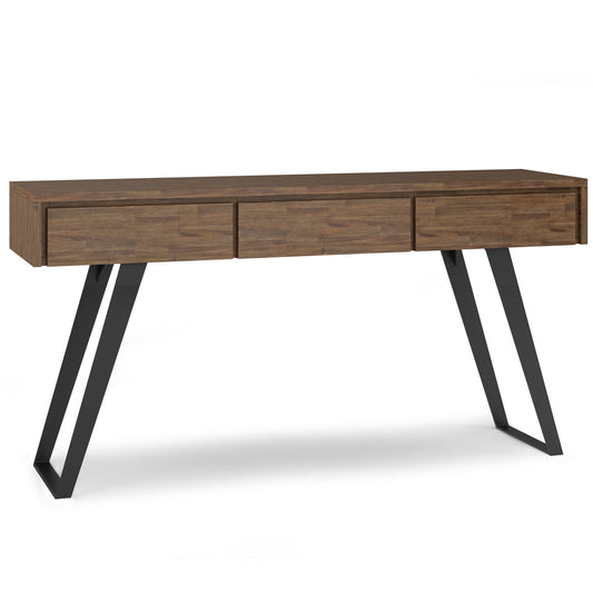 The Lowry - Console Sofa Table Handcrafted features a modern wooden design, three drawers, and angled black metal legs, shown against a white background.