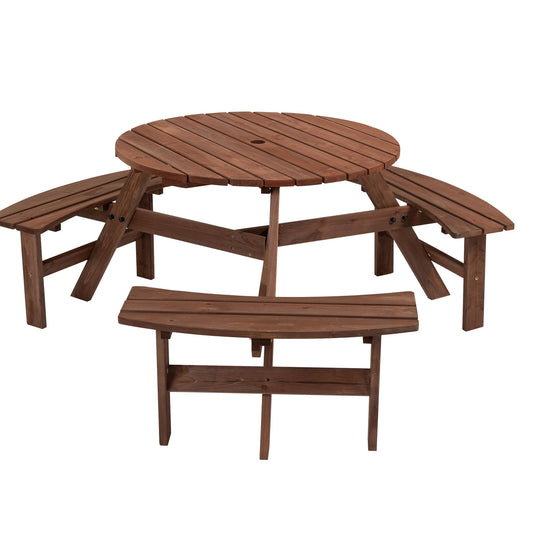 The 6 Person Circular Outdoor Wooden Picnic Table features 3 built-in benches, supports up to 1720lb, and is ideal for patio, backyard, or garden seating; shown on a white background.