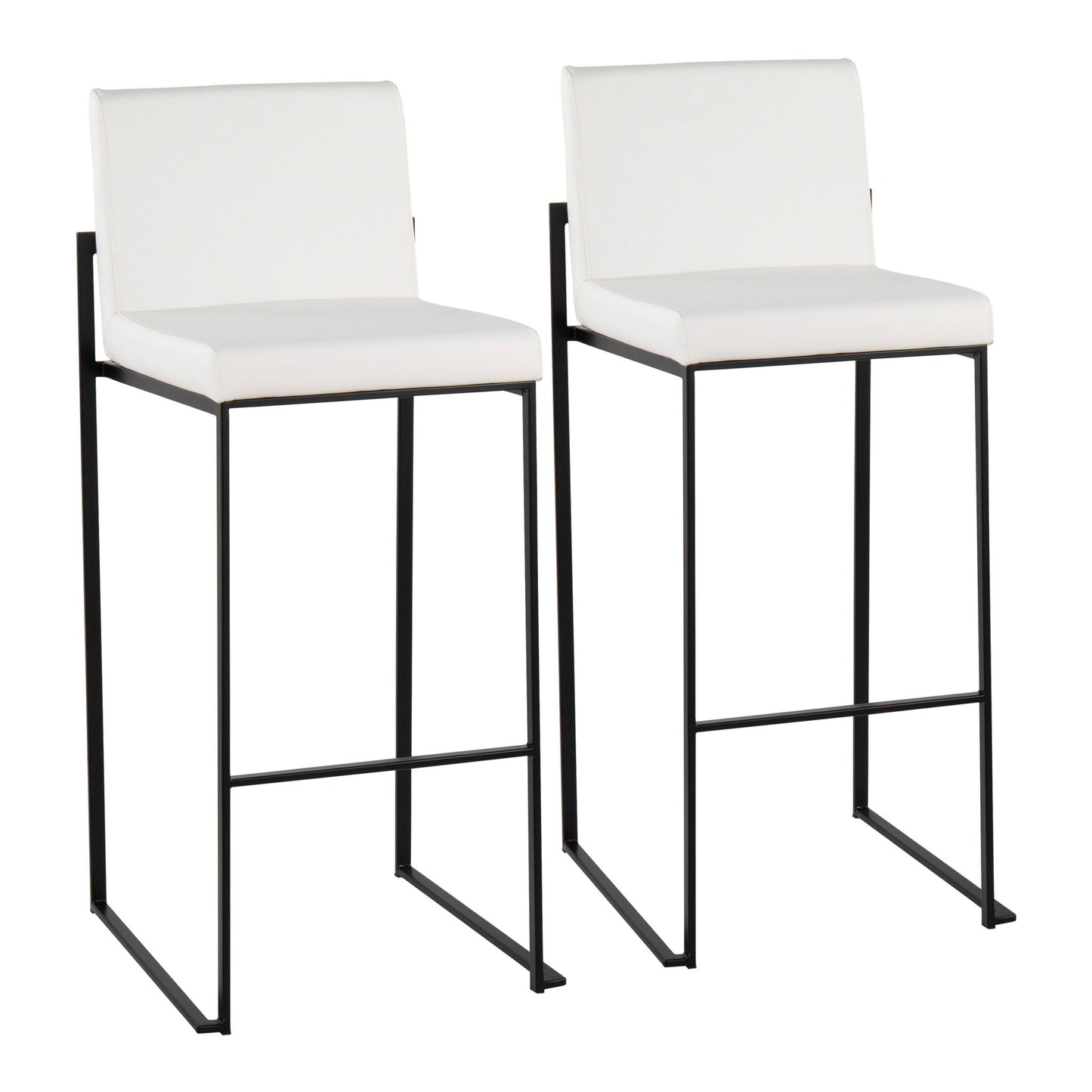 The Fuji Contemporary High Back Barstool features a minimalist, elegant design with black metal frames and white upholstered seats and backs, shown side by side on a white background.
