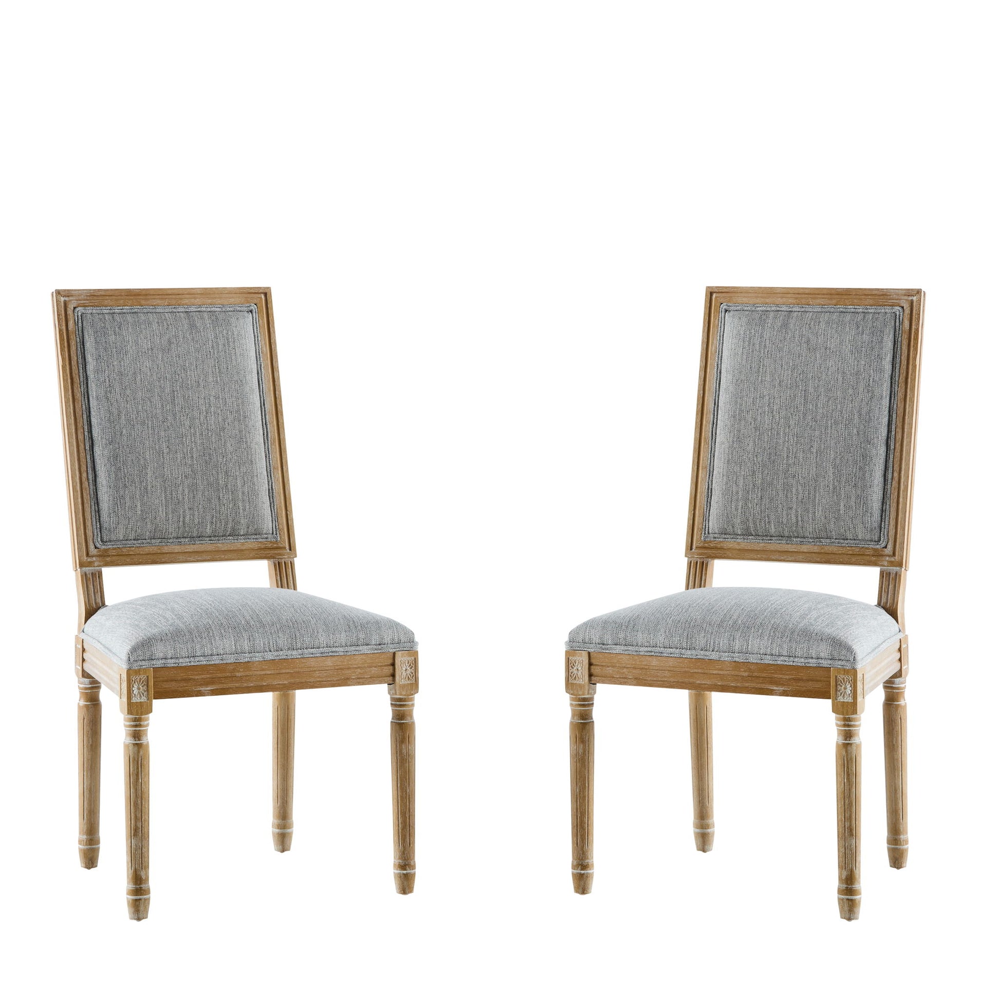 A pair of French Country Style Dining Chairs with light gray upholstered seats and square backs, featuring fluted legs, shown against a white background.