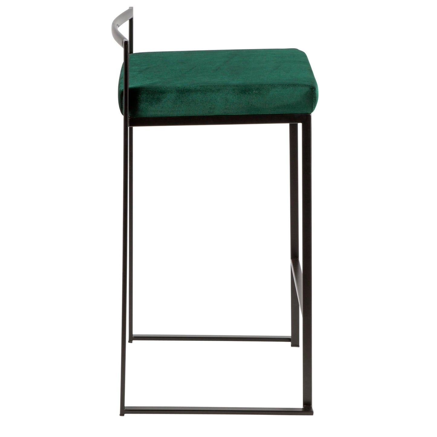The Fuji - Contemporary Style Stackable Counter Stool features a green cushioned seat, black metal frame, and minimalistic backrest, shown here from the front.