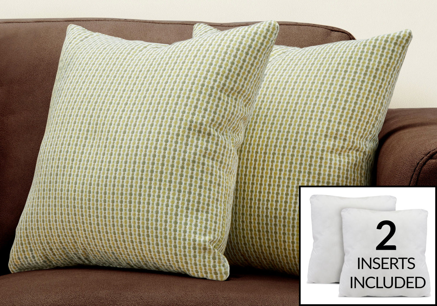 Two decorative square throw pillows with hypoallergenic filling on a brown couch; inset displays two white pillow inserts and text “2 INSERTS INCLUDED.”.
