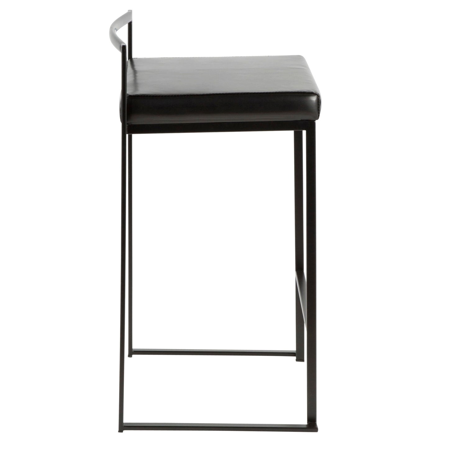 Side view of the Fuji - Contemporary Style Stackable Counter Stool with a slim black metal frame, a square black cushioned seat, and a minimalist backrest.