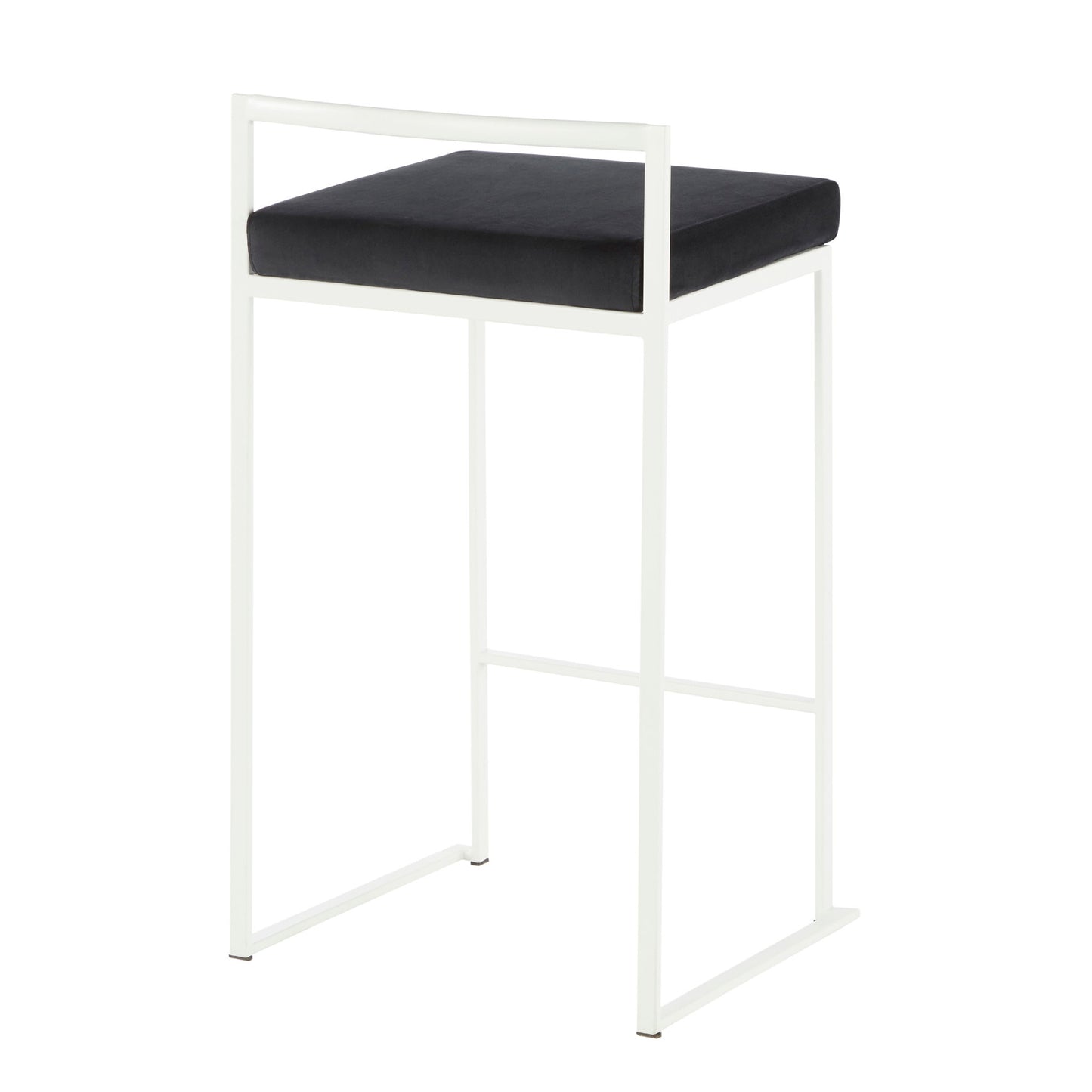 The Fuji - Simple Elegance Contemporary Stackable Counter Stool features a white metal frame, a rectangular black cushioned seat, a minimalistic low open back, and slender legs for a modern look.