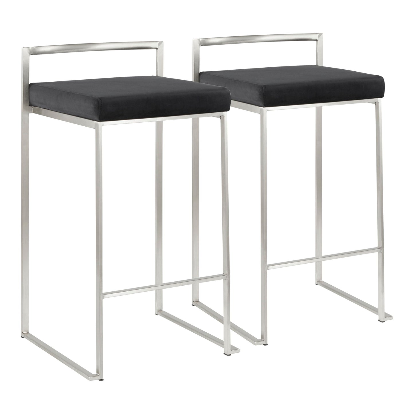 The Fuji Contemporary Elegant Stackable Counter Stool Set includes two modern stools with sleek metal frames, black cushioned square seats, low rectangular backs, and minimalist design. Each features four straight legs connected by horizontal supports.