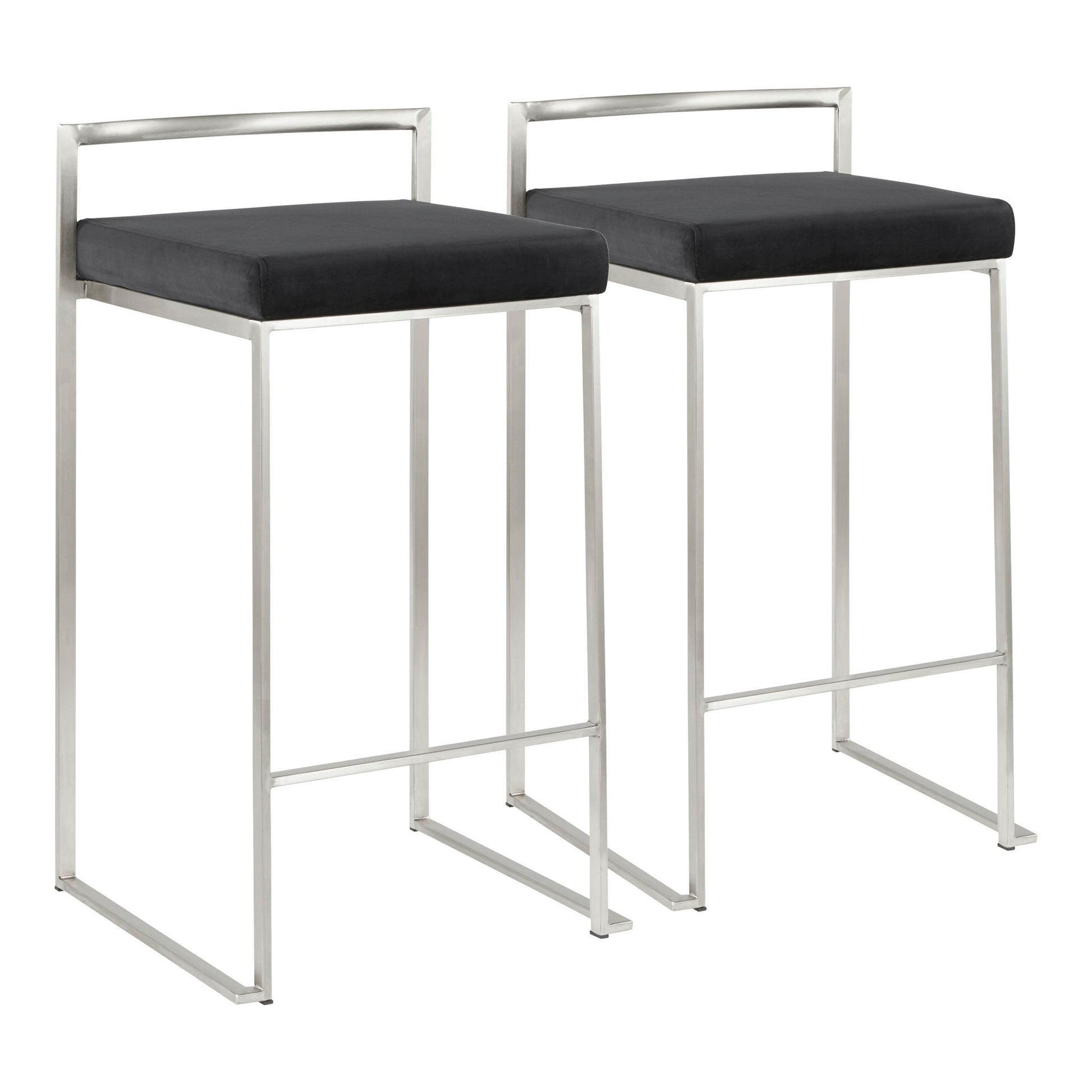 The Fuji Contemporary Elegant Stackable Counter Stool Set includes two modern stools with sleek metal frames, black cushioned square seats, low rectangular backs, and minimalist design. Each features four straight legs connected by horizontal supports.
