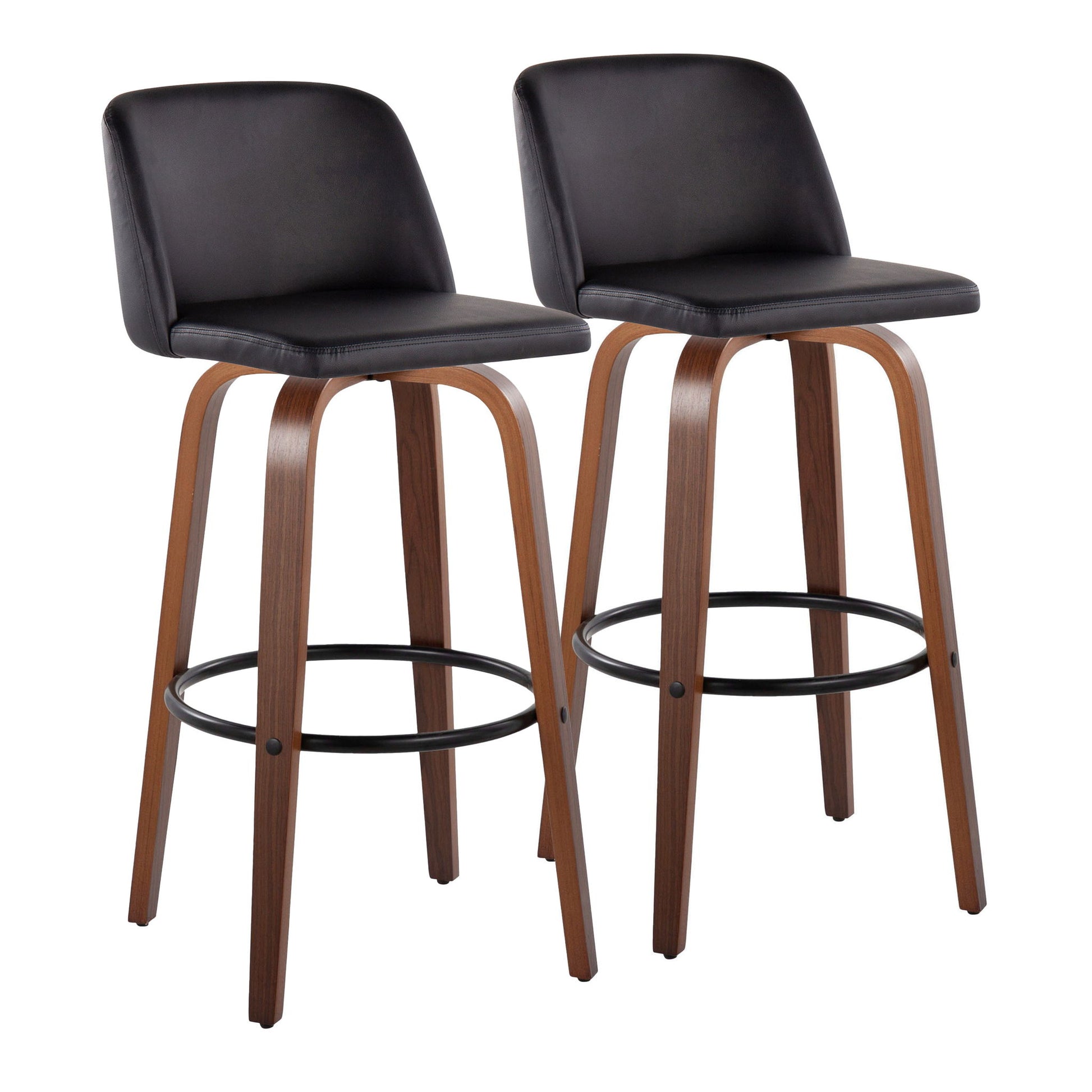 The Toriano Mid Century Modern Barstool set features two fixed-height swivel seats with dark cushions, low backs, and four walnut-finished curved wood legs joined by a black round footrest—a sleek, contemporary addition to any bar space.