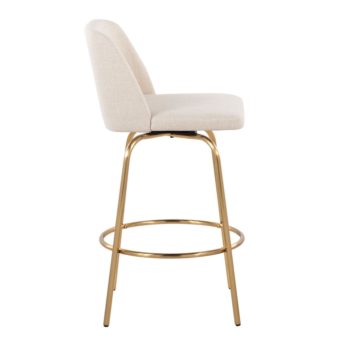 The Toriano Contemporary Fixed Height Counter Stool (Set of 2) features a cushioned beige fabric seat and backrest, gold metal legs, and a round footrest, shown in side profile. Swivel functionality included.
