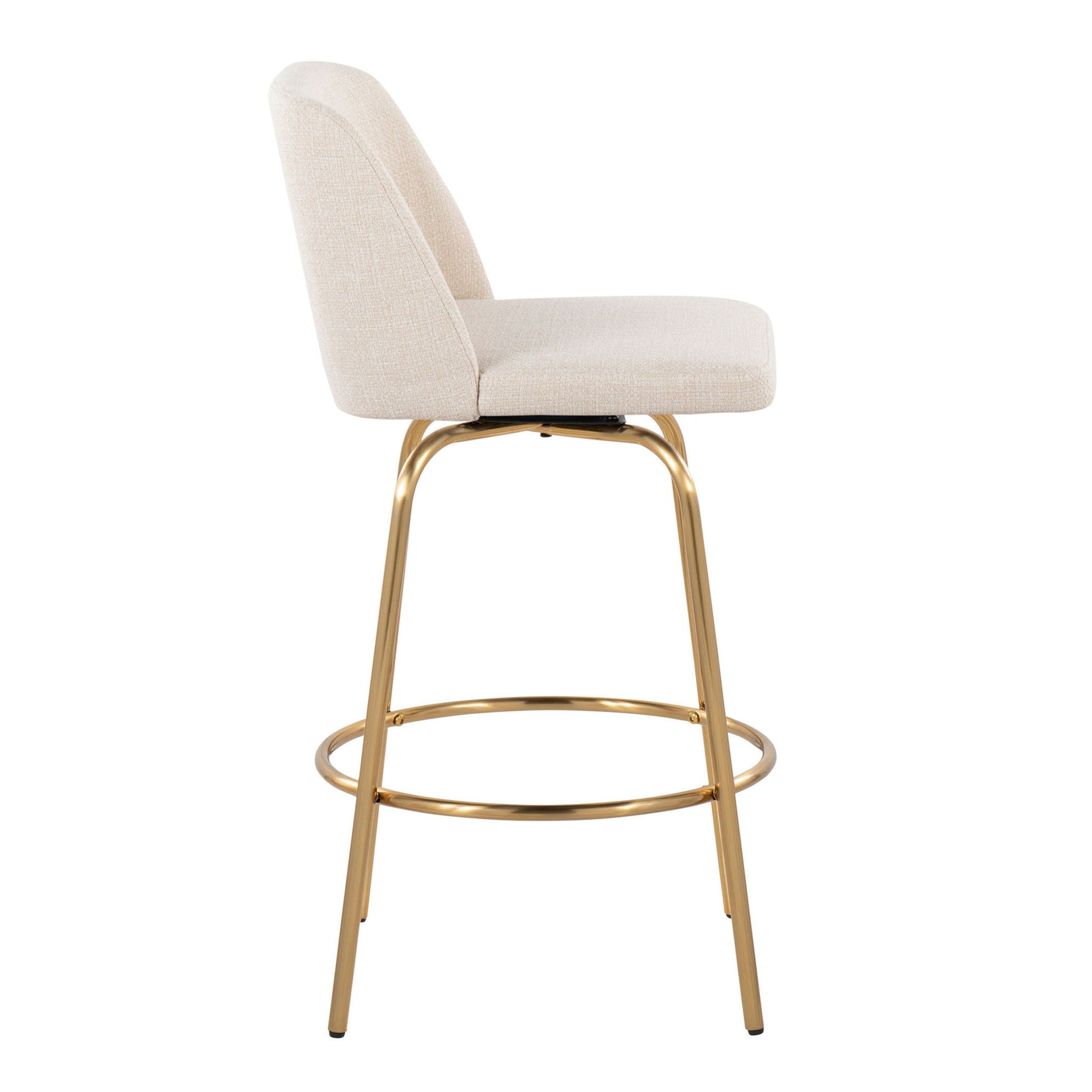 The Toriano Contemporary Fixed Height Counter Stool (Set of 2) features a cushioned beige fabric seat and backrest, gold metal legs, and a round footrest, shown in side profile. Swivel functionality included.