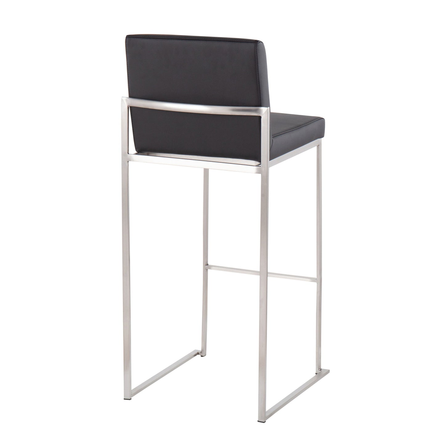 The Fuji - Contemporary and Modern Elegance High Back Barstool features a black cushioned seat and backrest, high back, no armrests, and a sleek silver-finished minimalist metal frame.