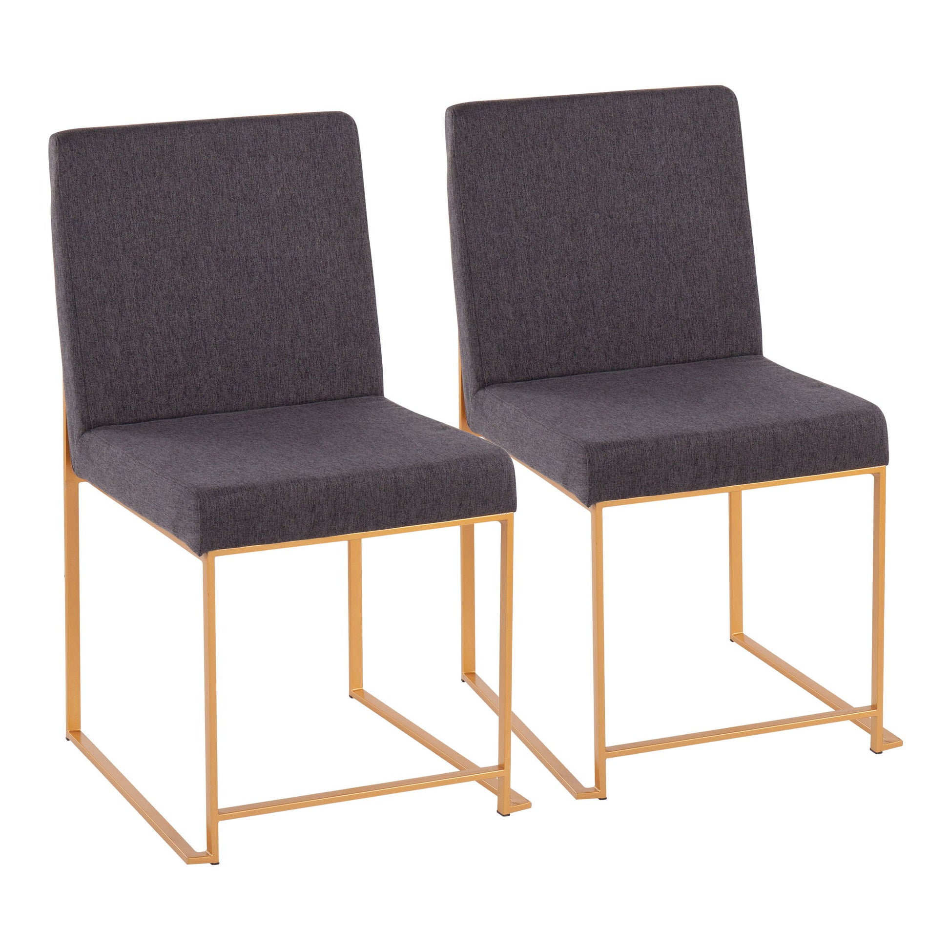 The Fuji High Back Dining Chair set includes two contemporary chairs with dark gray upholstered seats and backs, sleek gold square metal frames, armless design, and a modern look—perfect for stylish dining spaces.