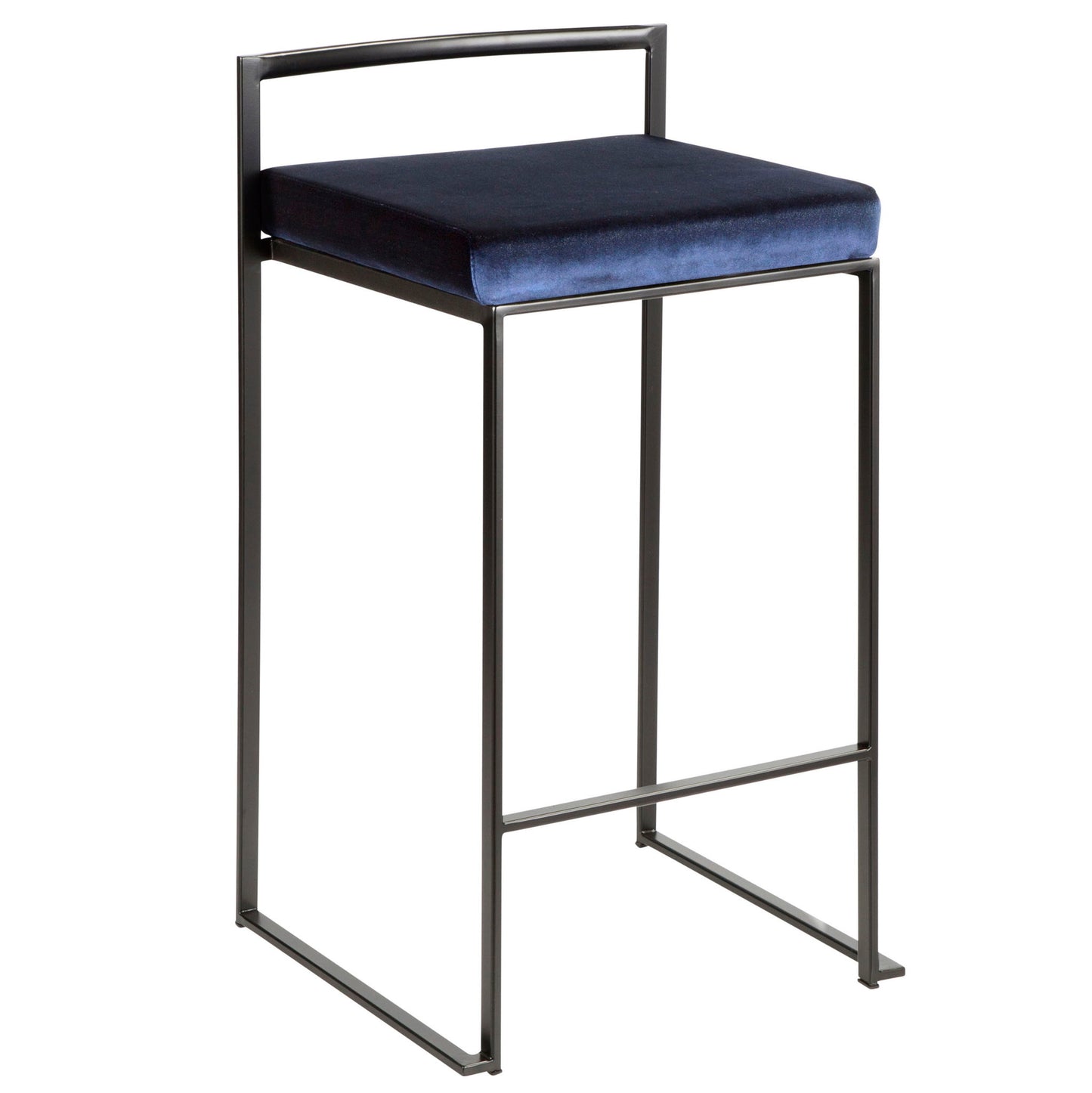 The Fuji - Contemporary Style Stackable Counter Stool features a minimalist black metal frame, a square navy blue cushioned seat, a low straight backrest, and sleek clean lines for a modern look.