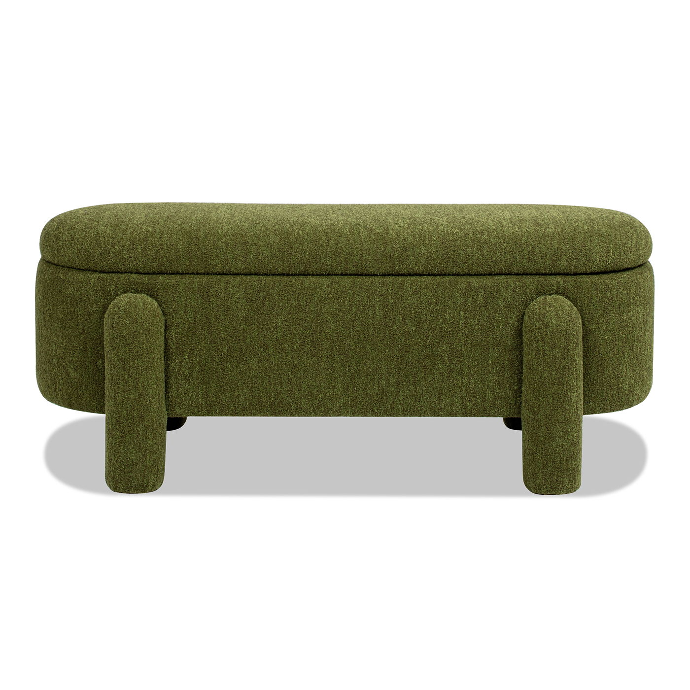 The Hugo - Oval Fully Upholstered Storage Bench features a green cushioned oval seat and four rounded legs, displayed against a white background.