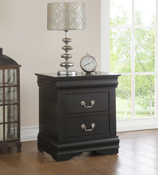 The Louis Philippe - Accent Nightstand, featuring two black drawers with silver handles, sits by a large window with green views. On top are a silver lamp with a patterned shade and a round clock.