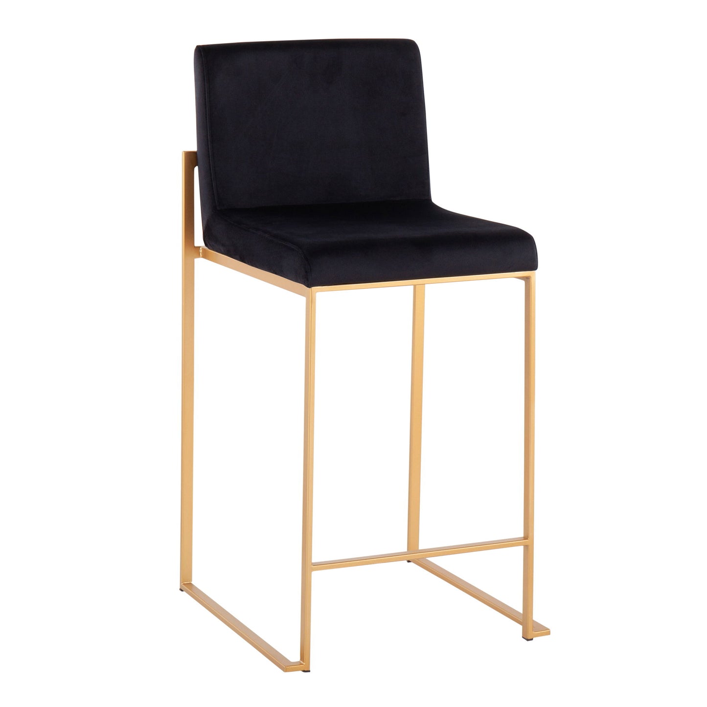 The Fuji - Contemporary High Back Stylish Counter Stool features a black cushioned seat and backrest atop a sleek, angular gold metal frame with footrests.