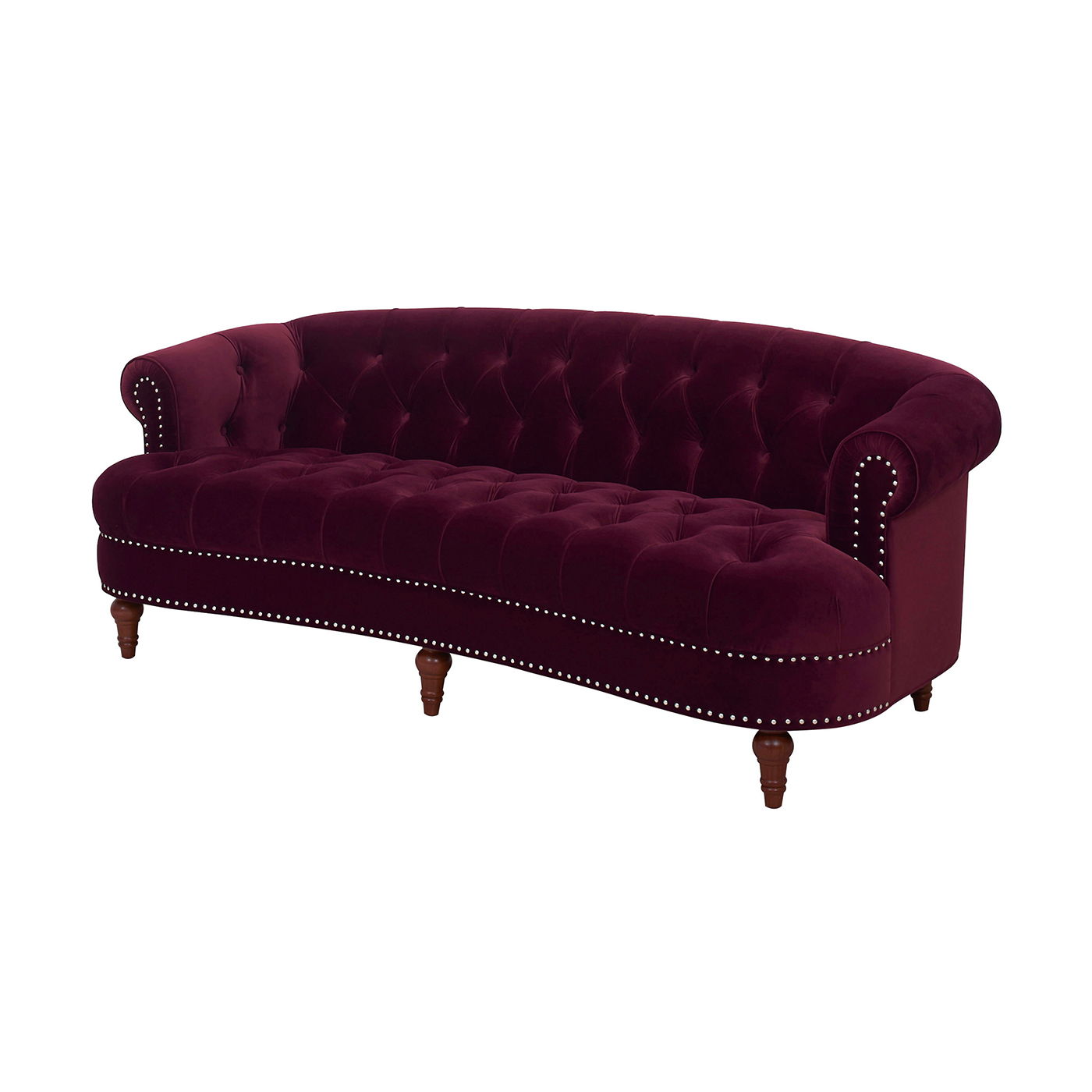 The La Rosa - Victorian Chesterfield Tufted Sofa features deep burgundy velvet, tufted upholstery, silver nailhead trim, a curved backrest, rolled arms, and wooden legs.