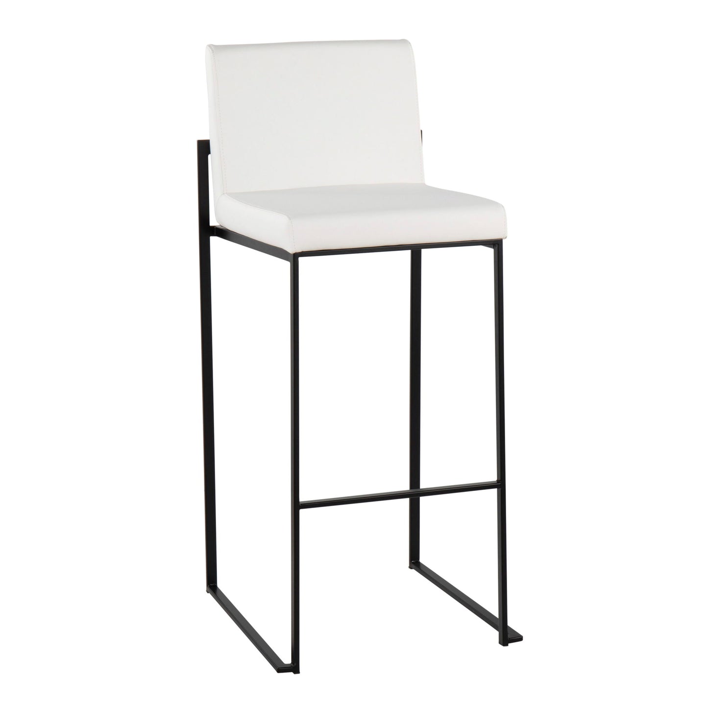 The Fuji Contemporary High Back Barstool features an elegant design with a white cushioned seat and backrest, minimalist black metal frame, and a horizontal footrest.