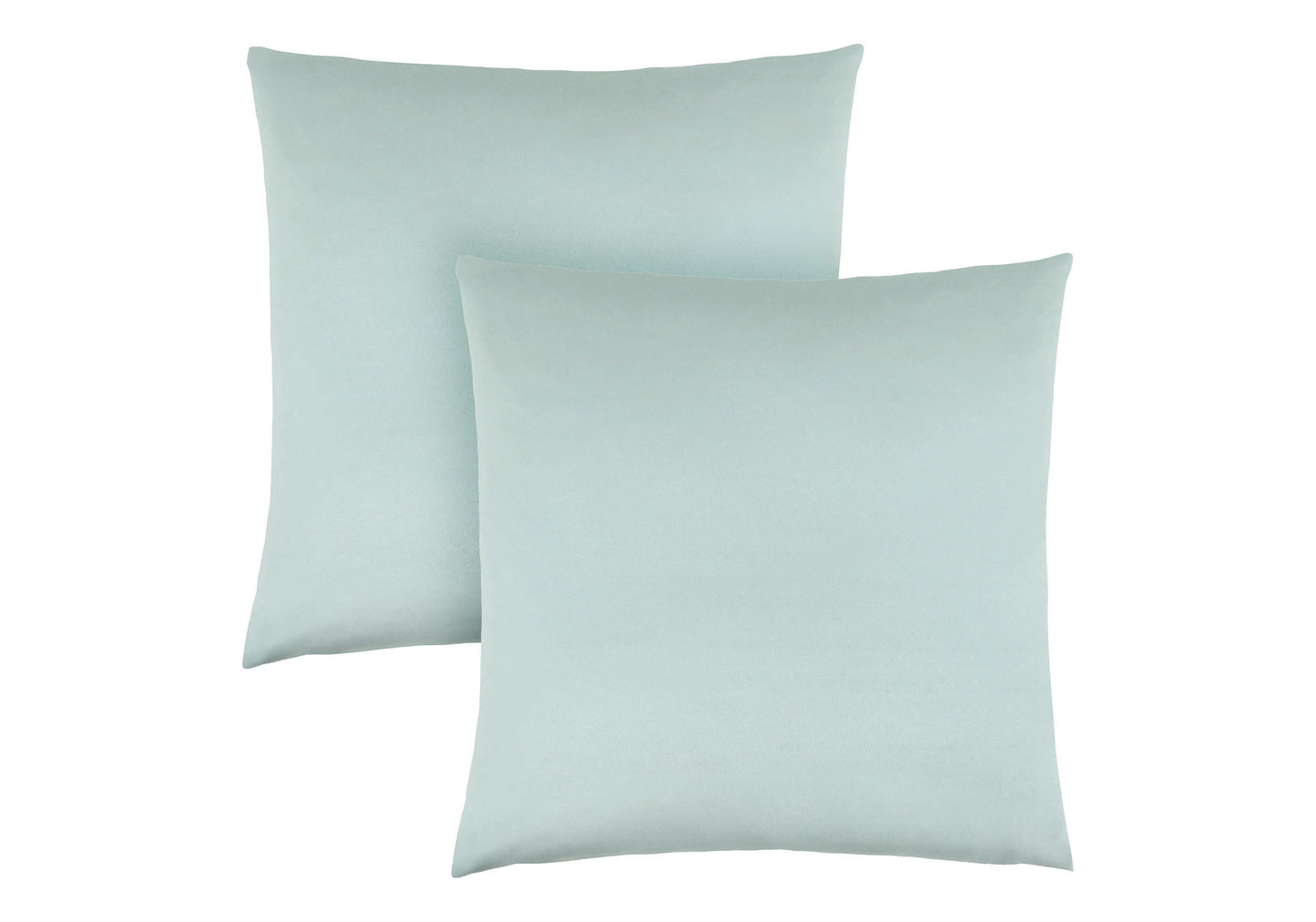 Two modern square decorative throw pillows with inserts, in light blue and hypoallergenic, are shown overlapping against a white background.