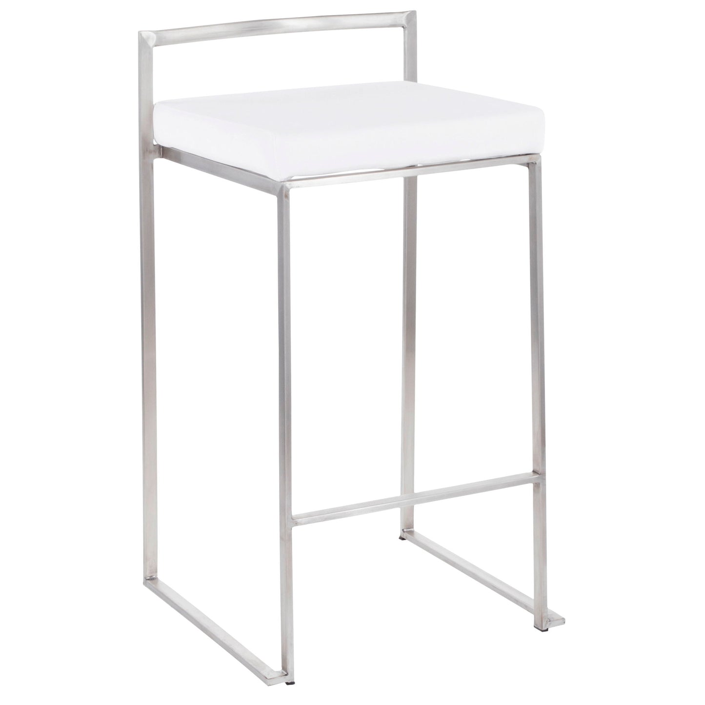 The Fuji Contemporary Elegant Stackable Counter Stool Set features a minimalist metal frame, square white cushioned seat, low straight back support, and an open modern design.