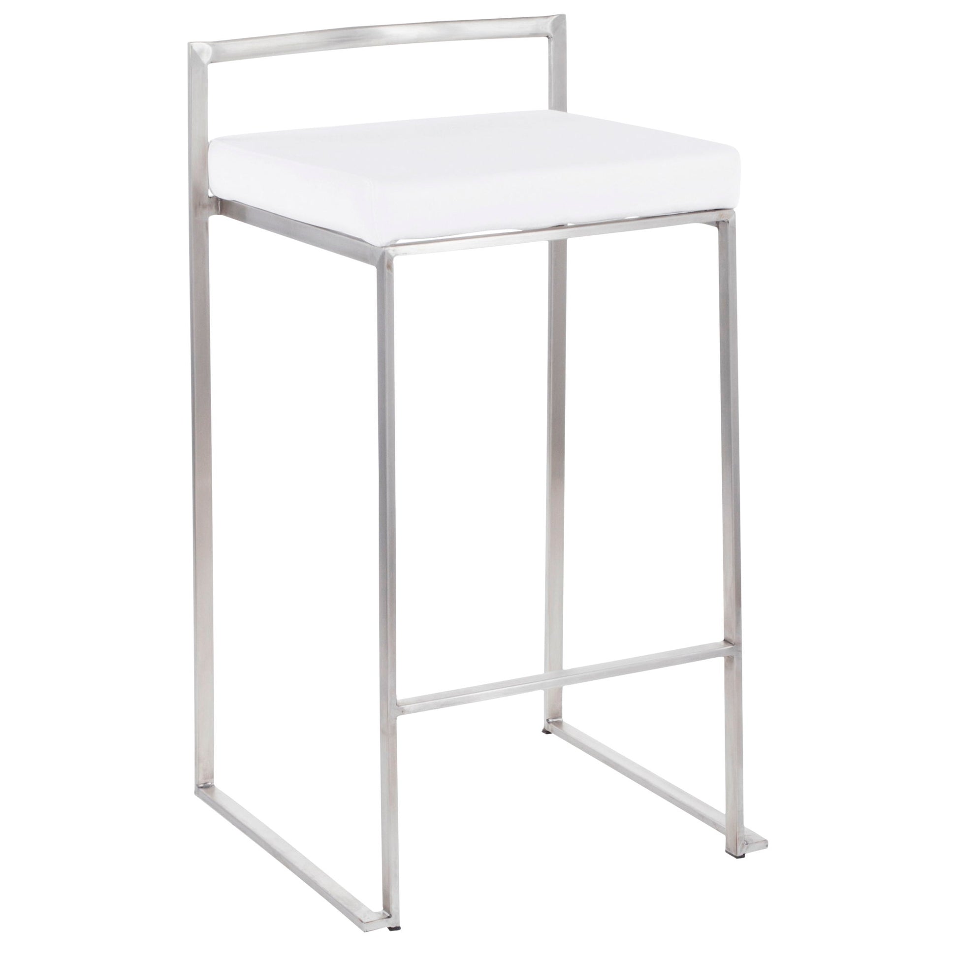 The Fuji Contemporary Elegant Stackable Counter Stool Set features a minimalist metal frame, square white cushioned seat, low straight back support, and an open modern design.