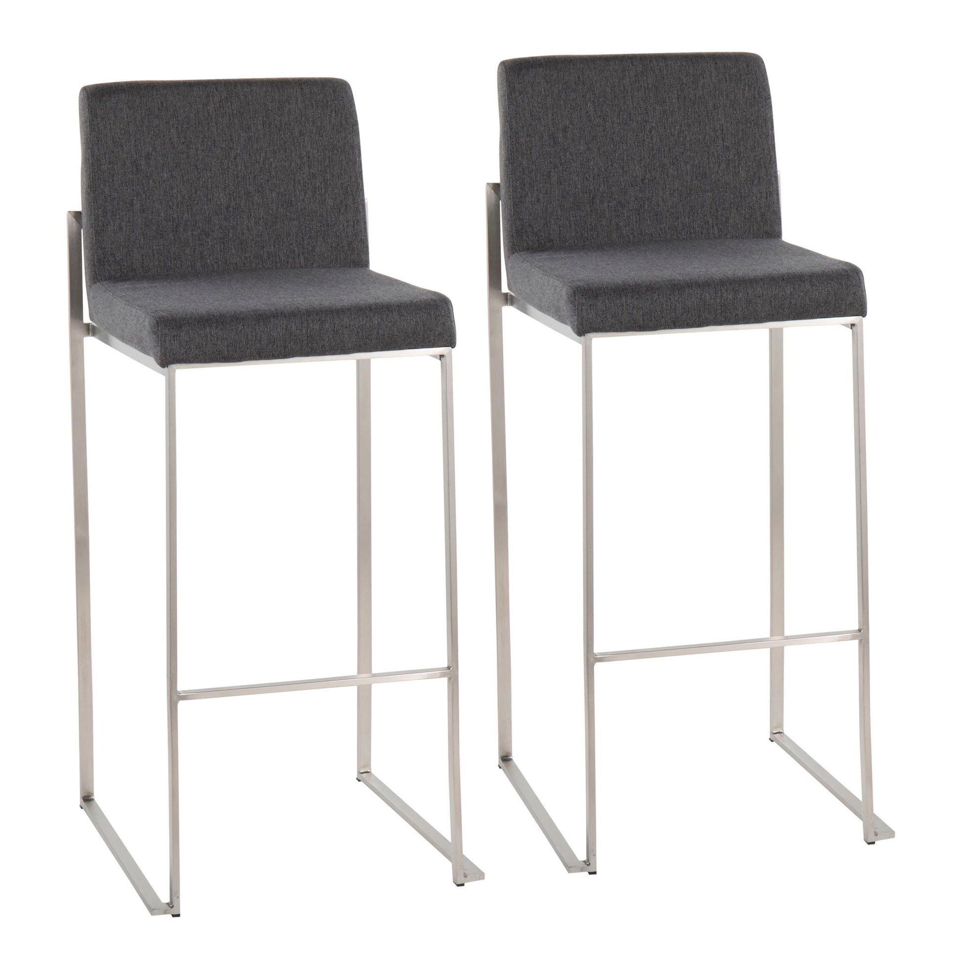 The Fuji High Back Barstool offers modern elegance with square gray upholstered seats and backs, slim silver metal legs, and a footrest bar—perfect for a minimalist, contemporary look. Set includes two stools.