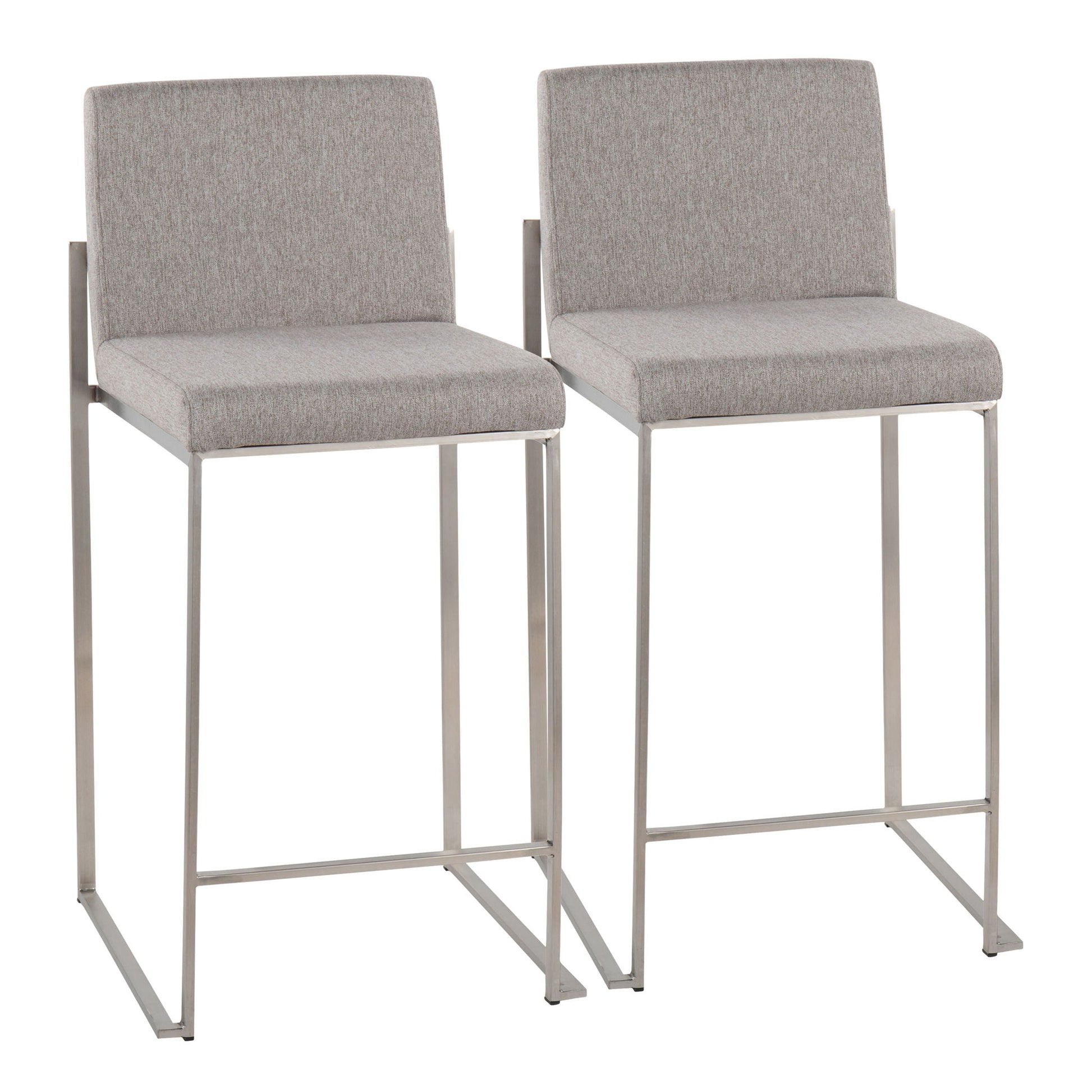 Two Fuji Contemporary High Back Counter Stools with light gray upholstered seats, slim silver metal legs, and a minimalist, functional design are placed side by side on a white background.