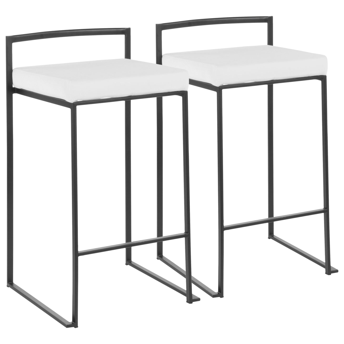 Set of two Fuji contemporary stackable counter stools with black metal frames, white cushioned seats, minimalist rectangular design, open backs, no armrests, and straight legs joined by support bars near the base.