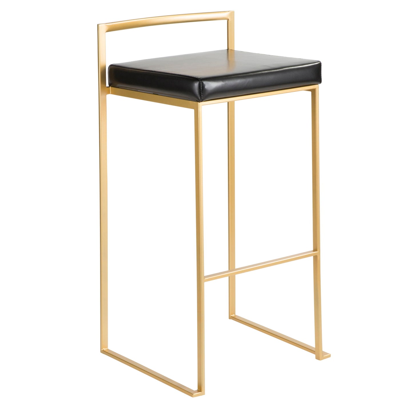 The Fuji Barstool features a gold metal frame, a square black cushioned seat, and a minimalist open-back design for a contemporary glam look with quality construction.