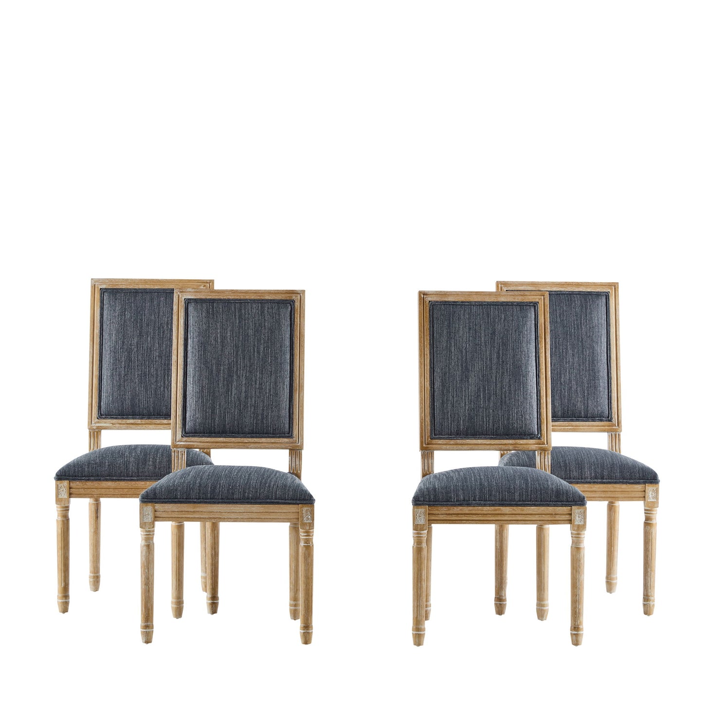 Four French Country Style Dining Chairs with blue upholstered seats and fluted legs are arranged in pairs against a plain white background, featuring classic square backs.