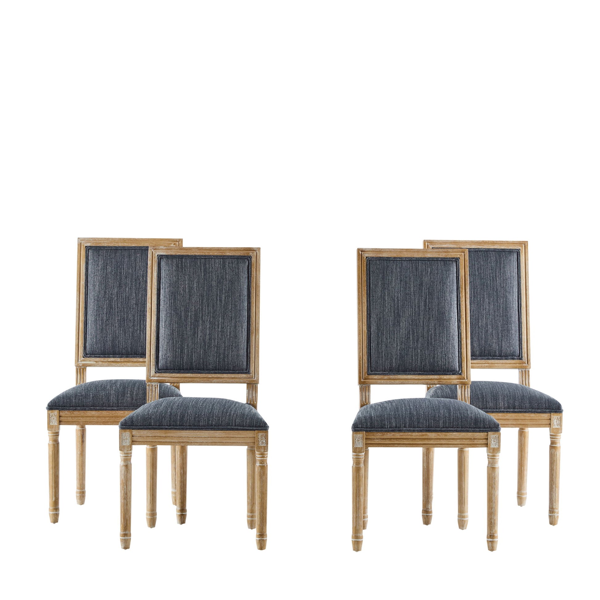 Four French Country Style Dining Chairs with blue upholstered seats and fluted legs are arranged in pairs against a plain white background, featuring classic square backs.