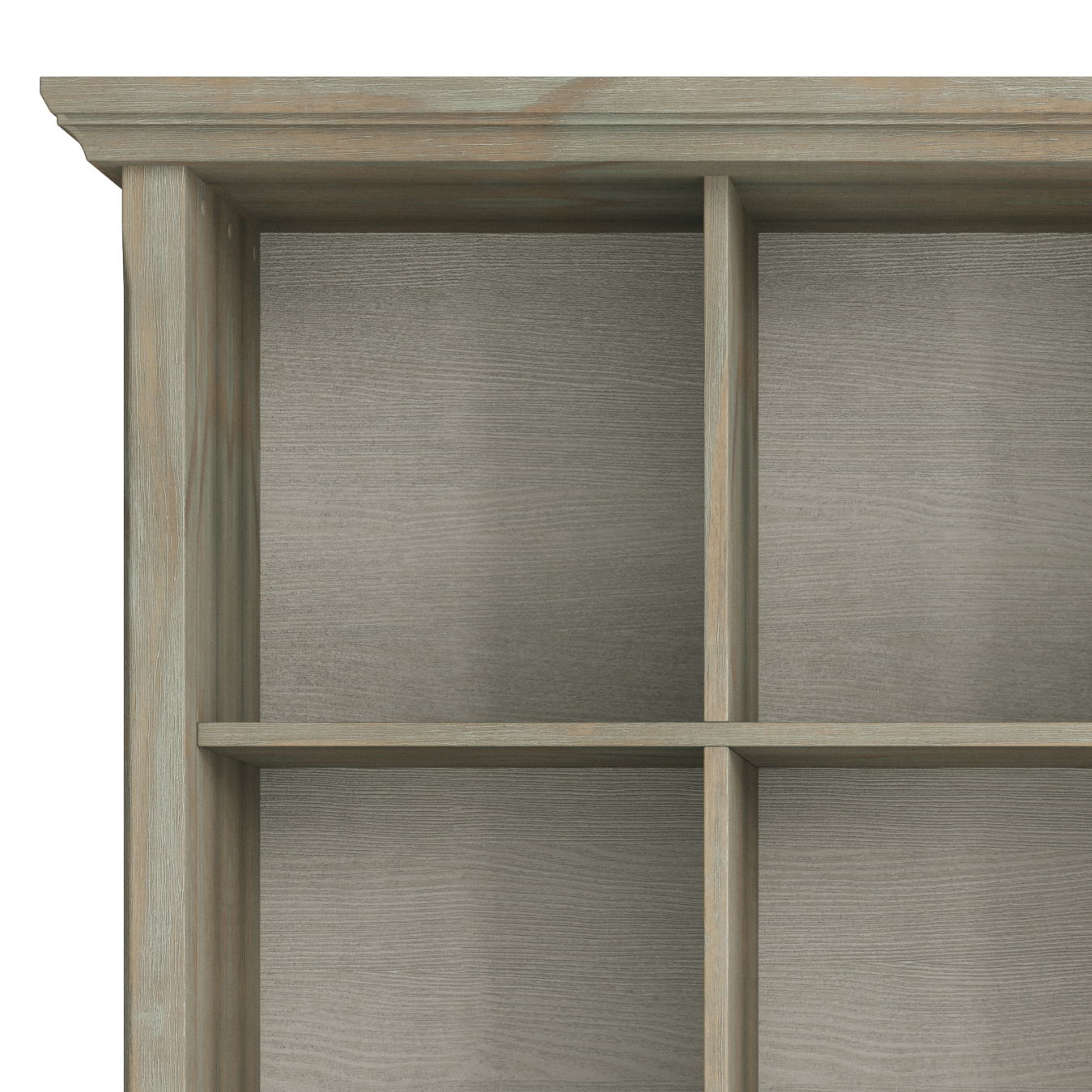 Close-up of the top left corner of the Acadian - Handcrafted Cube Storage, featuring four square shelves with a grey wooden finish, formed by vertical and horizontal dividers.