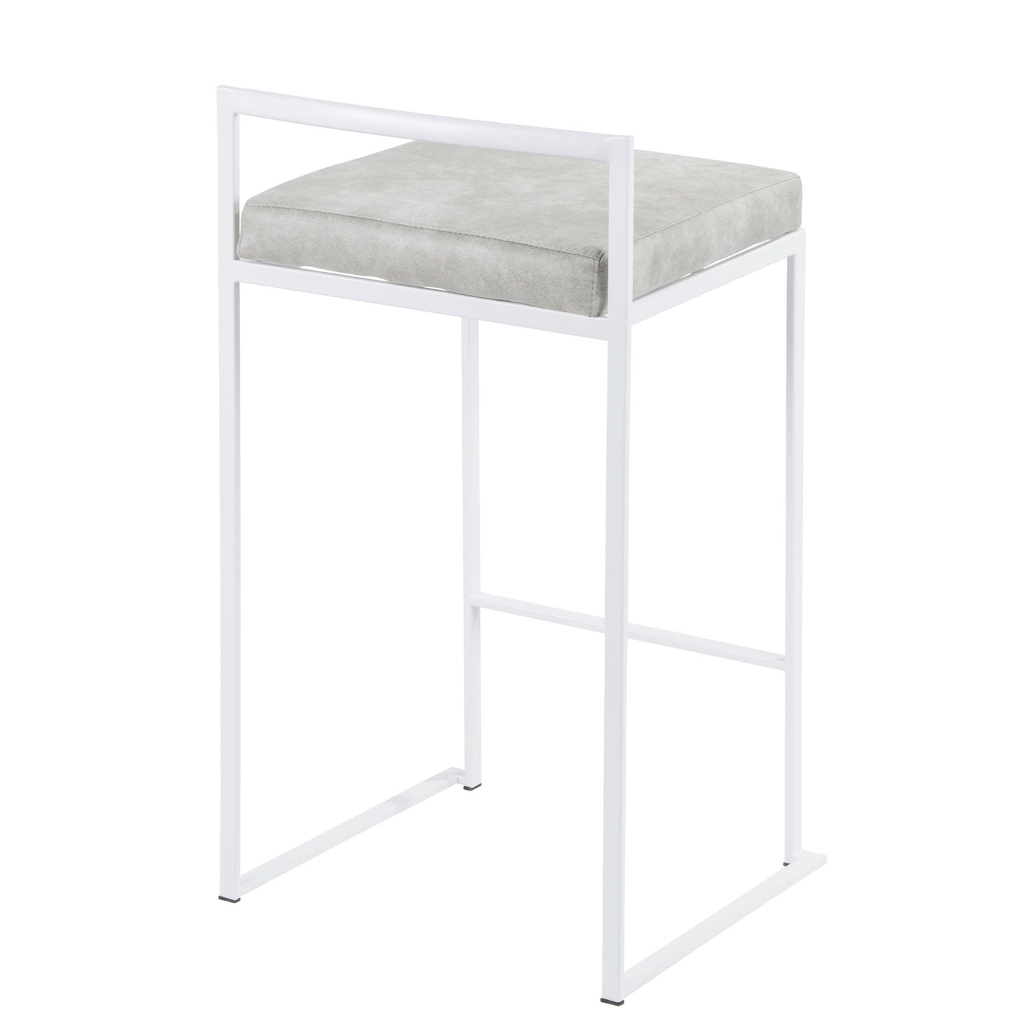 The Fuji - Simple Elegance, Contemporary Stackable Counter Stool features a white metal frame, light gray cushioned seat, minimalist design, rectangular backrest, and open sides.
