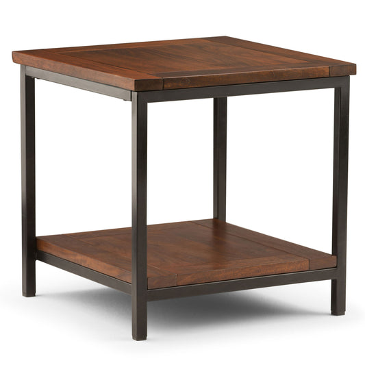 The Skyler - Handcrafted Table is a square wooden side table with a dark metal frame, a smooth flat top, and a lower shelf for extra storage.