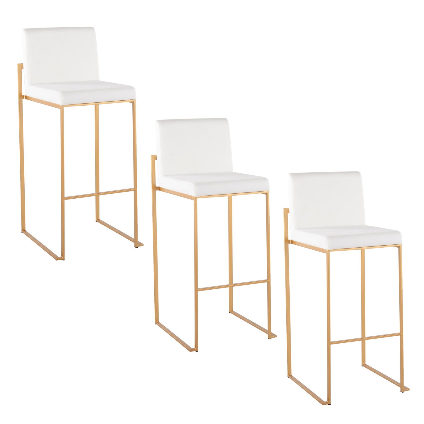 A set of Fuji Contemporary Design High Back Barstools with white cushioned seats, slim gold metal legs and frames, are arranged in a staggered row on a white background.