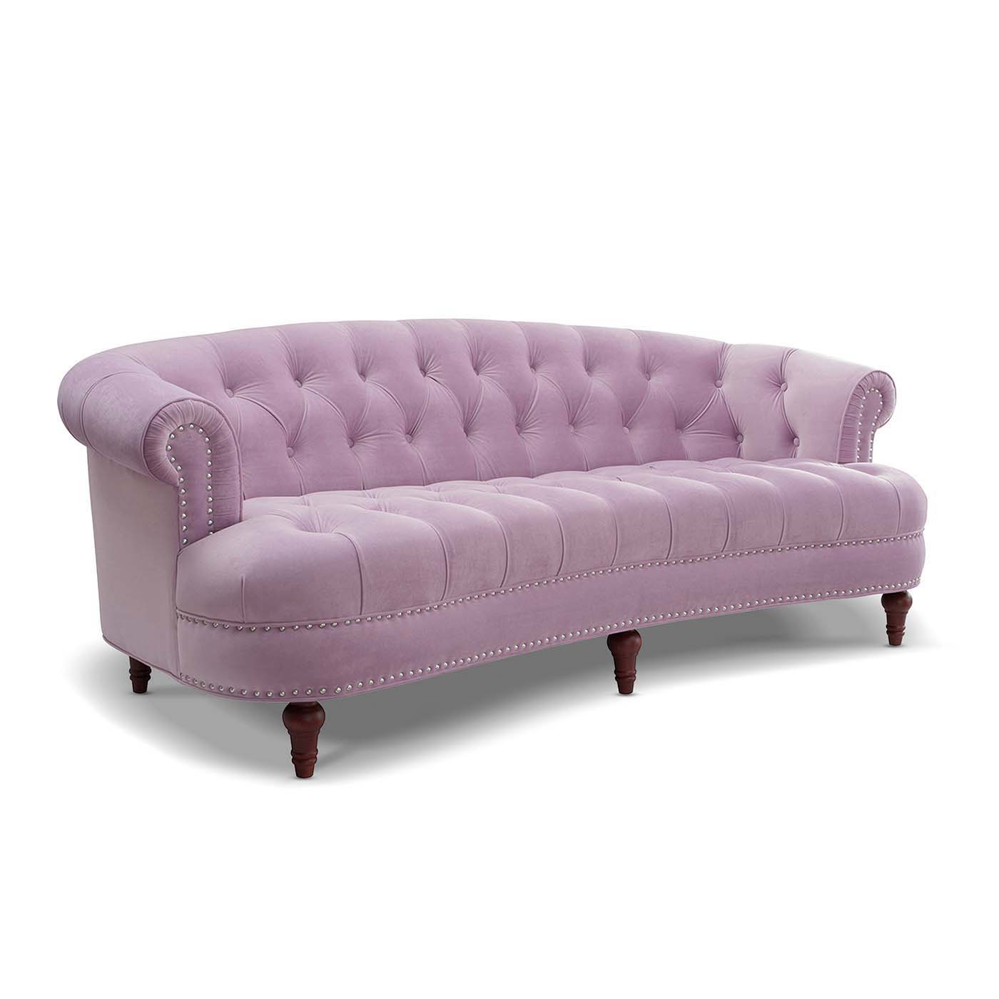 The La Rosa - Victorian Chesterfield Tufted Sofa features plush light purple upholstery, rolled arms, studded trim, and dark wooden legs, displayed on a white background.